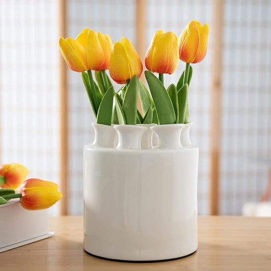 Large Ceramic Vase Modern Cylinder Design with 7 Flower Openings, Perfect Centerpiece for Tulips、Hydrangeas、Roses and Wildflowers - Ideal Home Decor Gift for Birthdays Mothers Day