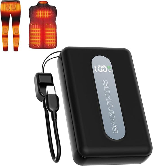 SAMTWOS 5V/2A Portable Charger 20000 mAh for Heated Vest,Jacket,Staium Seats,Pant,Camping Chair,22.5W Fast Charing Power Bank Bulit-in USB-C Cable andd Lanyard Battery Pack for iPhone,iPad,Anddroid