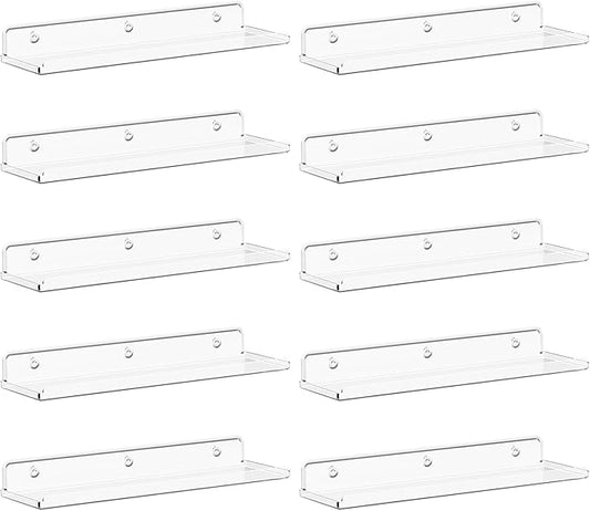 Lifewit Floating Shelves for Bathroom, 15" Acrylic Wall Organizer for Perfume, Makeup, Figures, Nail Polish, Photo, Book, Decor Display Rack for Nursery, Living Room, Bedroom, Kitchen, Clear, 10 Pack