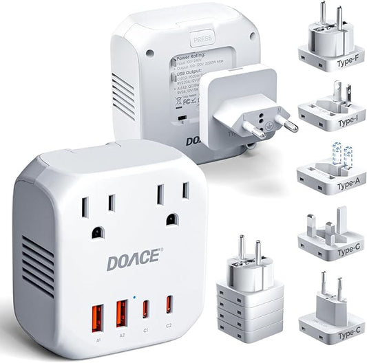DOACE 2000W Voltage Converter US to Europe - 220V to 110V Converter for European Travel, Power Converter Adapter Combo with 2 PD/QC & UK/AU/US/IT/European Travel Plug Adapters for Hair Dryer Phone