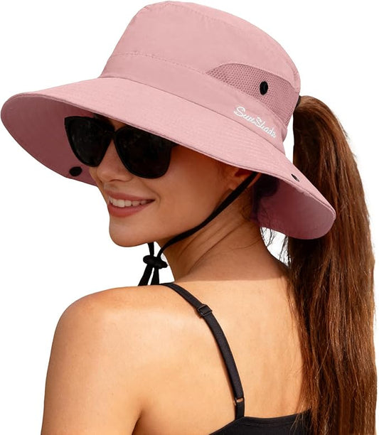 ZOORON Women's Ponytail Safari Sun Hat,Wide Brim UV Protection Outdoor Bucket Hat,Foldable Beach Summer Fishing Hat