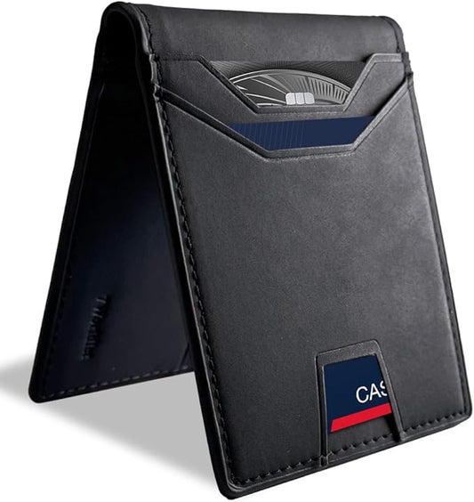 7worldlet Slim RFID Blocking Wallets for Men Synthra™ Ultra Leather Bifold Minimalist Wallet 11 Cord Holder Thin Mens Wallet with Gift Box (Black+Black)