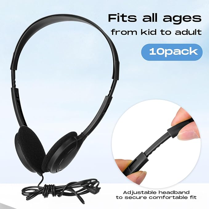 Yunsailing 10 Pack Bulk Over Ear Headphones Set On Ear Headsets Earphones with Adjustable Headband and 3.5mm Plug for Group Learning, Computer Lab, Library, Online Lesson (Black)
