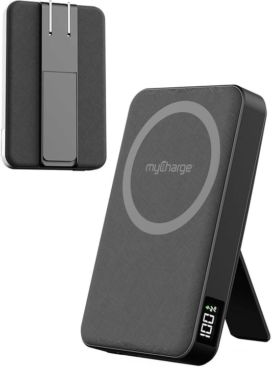 myCharge CliqLuxe+ Magnetic Wireless Power Bank 5,000mAh | iPhone & MagSafe Compatible | Qi2.2 25W Mag Safe Portable Charger | Built-in Wall Plug & Stand | 20W PD USB-C Port | Premium Black Fabric