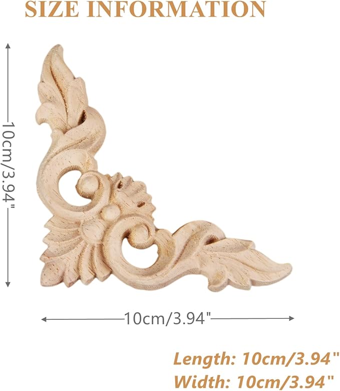 MUXSAM 4Pcs Wood Carved Appliques Onlays, Unpainted Little Wooden Corners Flower Carvings Decals for Mirrors Cabinets Walls Doors Chests Dressers Night Stand DIY Artwork Project, 10x10cm/3.94"x3.94"