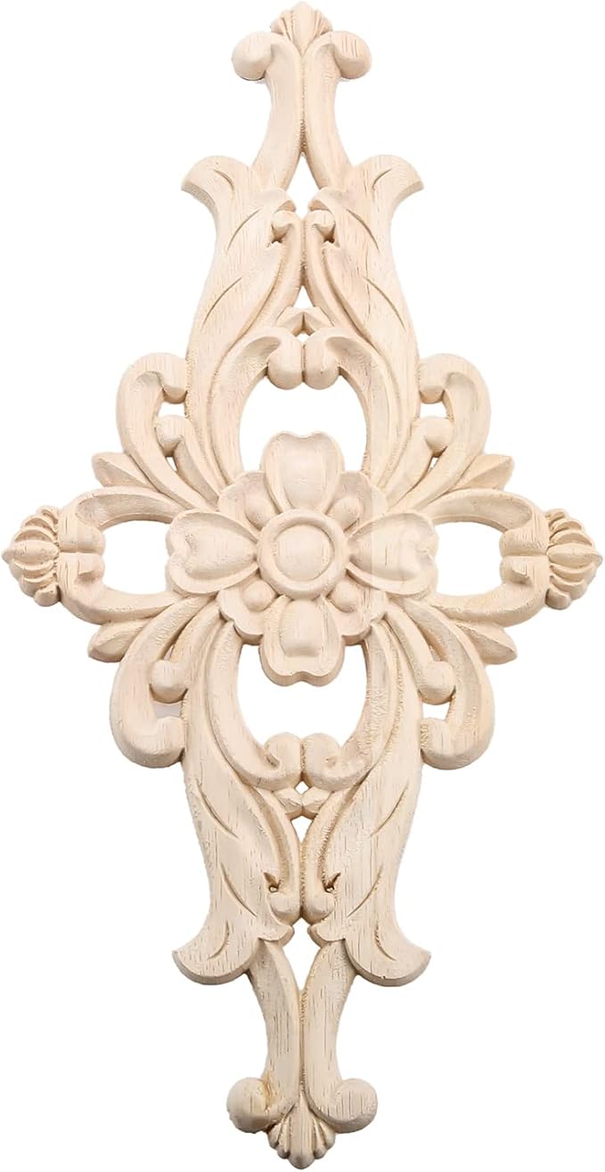 MUXSAM Wood Carved Appliques Furniture Decorative Onlays, 4Pcs Unpainted DIY Center Carving Decal for Door Wall Ceiling Cabinet Dresser Mirror Bed Mantel Bench Decoration, 32x16cm/12.6"x6.3"