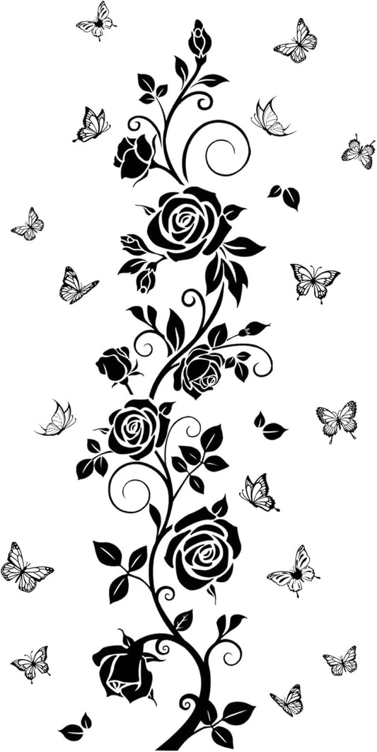 Flower Vine Decals Flying Butterfly Black Floral Wall Stickers Removable Wall Art Decor for Living Room Bedroom