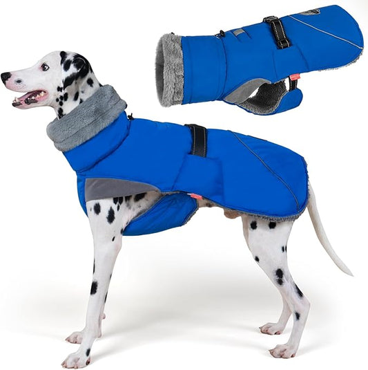 KYEESE Waterproof Dog Coat, Windproof Pet Jacket with Thick Fleece Lining, Extra Warm High Collar Dog Coats for Medium to Large Dogs with Leash Hole and Reflective Strips, Blue, XX-Large