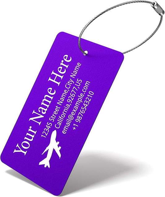Luggage Tags for Suitcase - Personalized Engraved Metal Tag for Cruise Travel - Custom Name Tags Suitable for Bags and Backpacks(Purple),Horizontal (2x3.5'')
