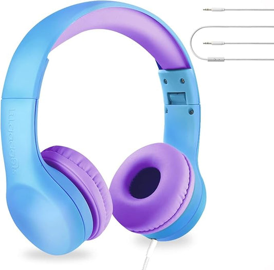 LilGadgets Connect+ Foldable Headphones, Adjustable Fit Soft Touch Padding for Kids with Mic, Volume-Limited & Noise Reduction On-Ear Wired Headset for School with SharePort - Blue/Purple, Ages 3-14
