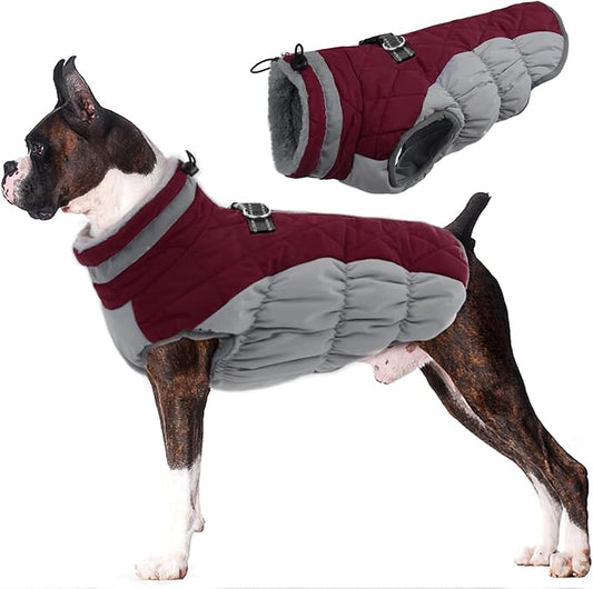 Lelepet Dog Coat Warm Dog Winter Coat Waterproof Dogs Jacket with Harness Built in Reflective Pet Fleece Vest Zip-Up Cold Weather Coats for Large Dogs Turtleneck & Windproof Coats Boxer Wine Red XL