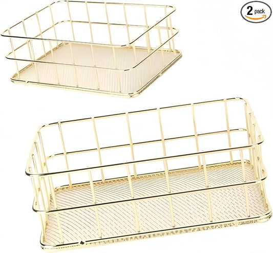 Two Small Gold Wire Basket - 9.6x6.7x2.8 、6.8*4.8*2.3inch ,Metal Wire Mesh Storage Basket for Home Organization | Ideal for Desk, Laundry, Wedding Bathroom & Cosmetic Stations