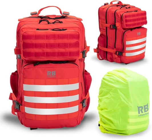 Xtreme 45L Tactical Backpack – Large Travel and Hiking Pack with 16 inch Laptop Sleeve, Stick Holder, Double Bottle Pockets, Recycled Fabric Shell, Rain Cover (Red)