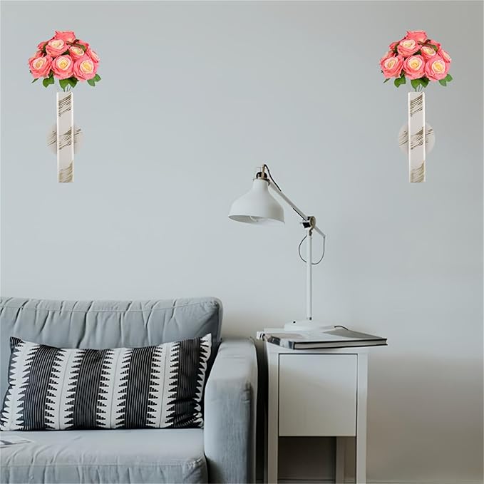 Self Adhesive Wall Vase Metal Tube Decoration Holder Used to Display Dried Flower, Faux Flowers, Fake Flowers, Also Suitable for Cemetery Memorial Decoration (2 Pcs White Gold Stripe)