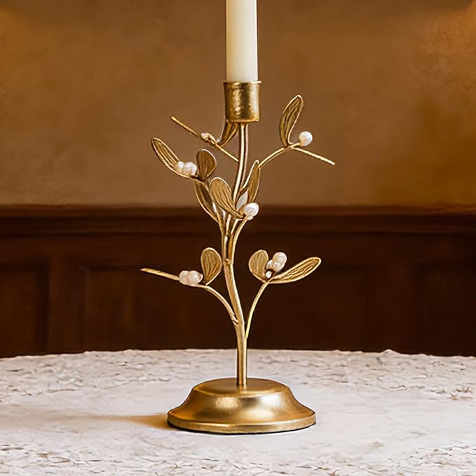Candle Stick Holder Table Decor - Elegant Golden Metal Mistletoe Candle Holder Decorative for Coffee Gold for Living Room Symbol of Love and Life Flower Gifts 4.6 x 4.6 x 10 Inch Guichifun