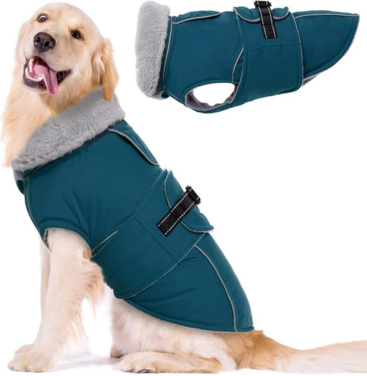 Lelepet Warm Dog Coats for Large Dogs Waterproof Dog Winter Jacket Reflective Pet Fleece Vest Windproof Cold Weather Coats with Adjustable Buckle & Leash Hole, Dark Green, XL