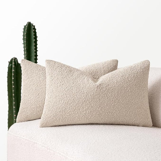 MIULEE 12x20 Inch Decorative Lumbar Throw Pillows for Bed Set of 2 Textured Boucle Neutral Winter Throw Pillow Covers Oatmeal Accent Solid Pillowcases Sofa Livingroom Home Decor