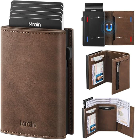 Mrain Mens Slim Minimalist Wallet Card Holder with Coin Pocket, Cash Slot, Magnetic Closure, Pop Up Aluminum Case, ID Window, Leather Wallet, RFID Blocking, 9-13 Card Capacity, Crazy Horse Brown