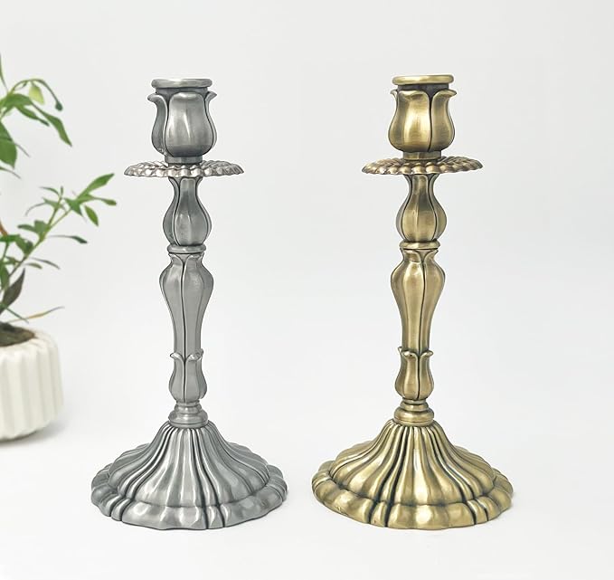 Taper Candle Holders, Vintage Embossed Candlesticks with Sleek Electroplated Finish, Modern Decorative Candle Holders for Dining Table, Party, Home Decor, Set of 2 (Antique Pewter)