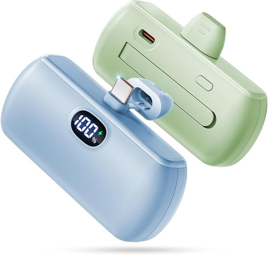 [2 Pack] Mini Portable Charger Usb C, 5000mAh Cell Phone Portable Power Bank, 22.5W Max Fast Charging Battery Pack for iPhone17/16/15/Android etc, Travel Essential, LCD Display, Light Green&Light Blue
