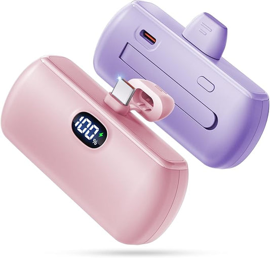[2 Pack Mini Portable Charger USB C, 5000mAh Cell Phone Portable Power Bank, 22.5W Max Fast Charging Battery Pack for iPhone17/16/15/Android etc, Travel Essential, LCD Display, Pink&Purple