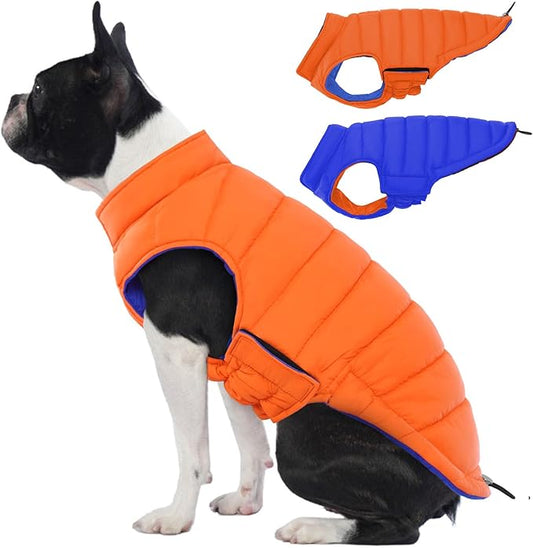 Lelepet Reversible Dog Coat Waterproof Dog Jacket Windproof Puffer Vest for Winter Warm Lightweight Coats for Small Dogs Adjustbale Hook & Loop Pet Apparel with Leash Hole, Chihuahua, Orange, XS