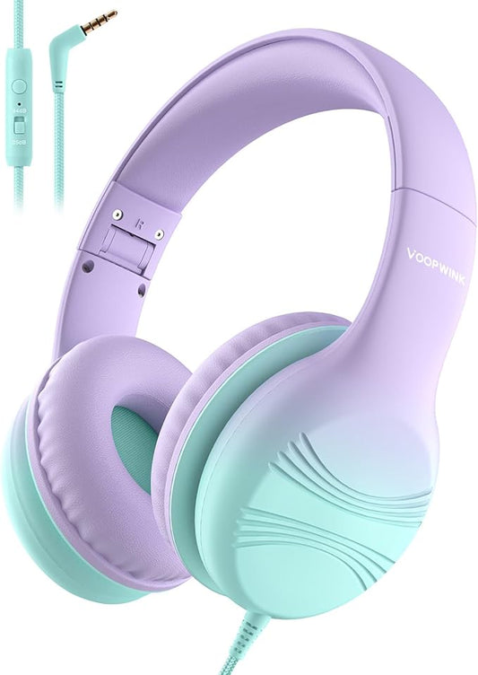 Kids Headphones, Wired Headphones for Kids with Microphone 85/94dB Volume Limit, Stereo Sound Portable Over Ear Headphones for School/Travel/Tablet/iPad, Green Violet