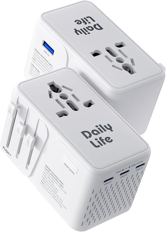 DAILYLIFE 220V to 110V Converter, Travel Adapter US to Europe - Power Converter Adapter Combo with 3 USB C and 1 USB A for US/UK/EU/AU, 1 Pack (White)