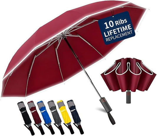 Rappeo 4-in-1 Inverted Travel Umbrella Compact, Automatic Large Umbrellas for Rain & Sun, Portable Windproof Umbrella for Backpack, Reverse Folding Umbrella for UV with Reflective Strips,Lightweight