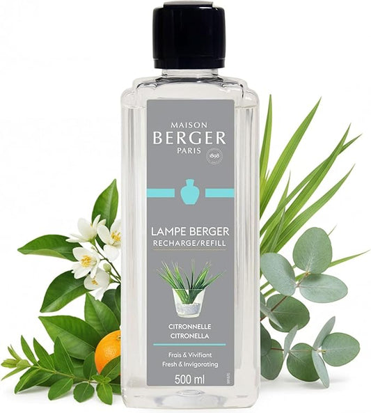 MAISON BERGER Citronella Lampe Berger Refill, 500 ml (16.9 fl oz), Odor-Neutralizing Home Fragrance Oil Lamps, Orange, Verbena, Citronella, Jasmine, Eucalyptus, Made in France