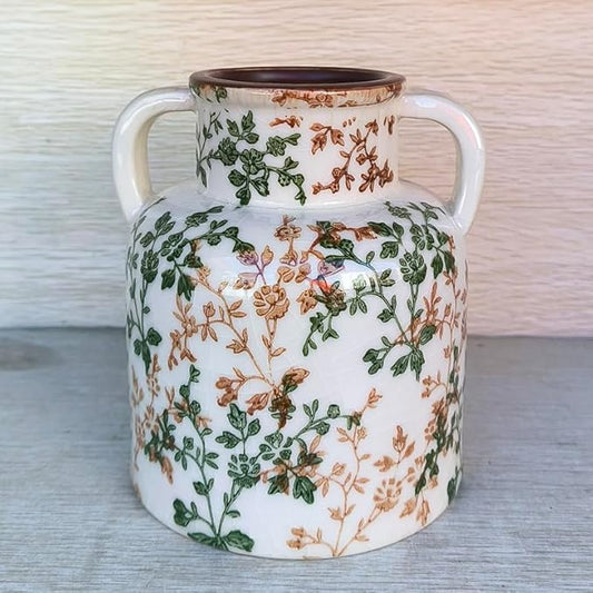 Green and Beige Vintage Pastoral Vase with Handle, 5.83 Inch Ceramic Cracked Chinoiserie Floral Vase, Antique Vases for Rustic Farmhouse Home Decor, Wedding, Living Room, Office, Shelf Decor