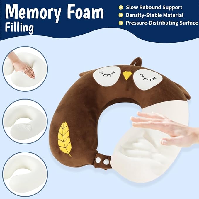 Sexysamba Travel Pillow for Kids Adults with Sleep Eye Mask Cute Cartoon U Shaped Memory Foam Neck Pillows for Travel Head Rest & Neck Support for Airplane, Car, Office Sleeping, Brown Owl