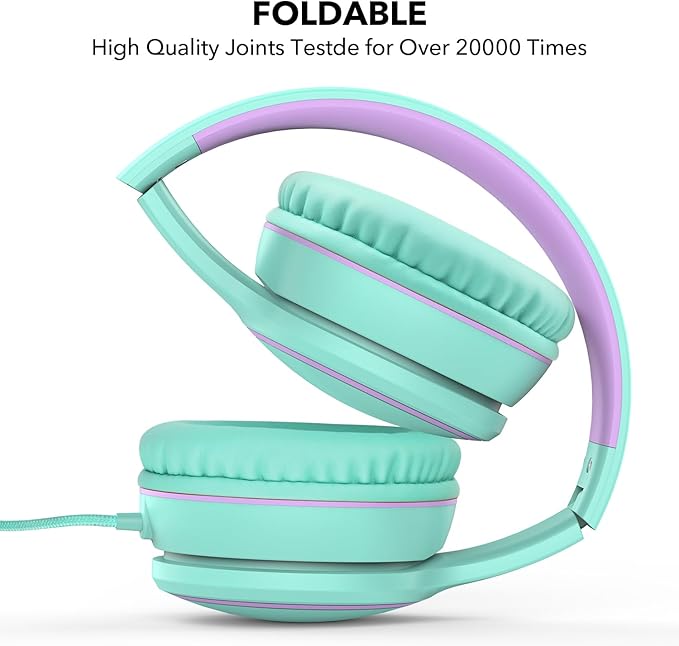 RORSOU R10 Over-Ear Headphones with Microphone Lightweight Folding Stereo Bass Headset with 1.5M No-Tangle Cord Portable Wired Headphones for Smartphone Tablet Computer Green