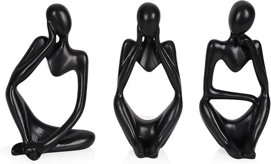 Sandstone Resin Thinker Style Abstract Sculpture Statue Collectible Figurines Home Office Bookshelf Desktop Decor (Small Black, 3pcs)