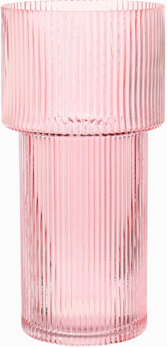 Large Pink Glass Vase, 12 Inches Tall Fluted Vase for Flowers, Modern Torch-Shaped Flower Vase with Ribbed Texture for Living Room, Dining Table, Office, Entryway, Mantle, Shelf, Wedding Gifts