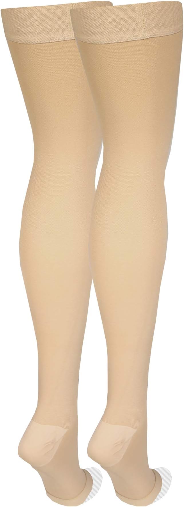 Amazon Basic Care Medical Compression Stockings, 20-30 mmHg Support, Women & Men Thigh Length Hose, Open Toe, Beige, Medium (Previously NuVein) (Pack of 2)