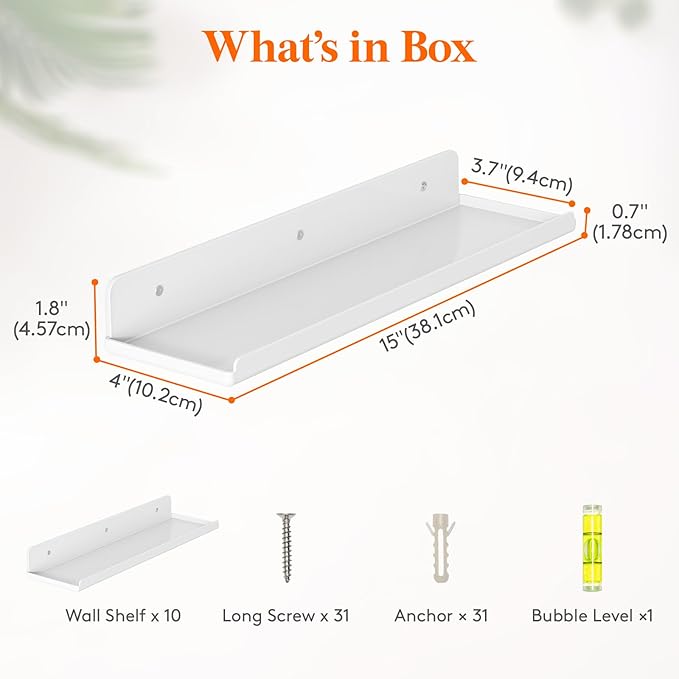 Lifewit Floating Shelves for Bathroom, 15" Acrylic Wall Organizer for Perfume, Makeup, Figures, Nail Polish, Photo, Book, Decor Display Rack for Nursery, Living Room, Bedroom, Kitchen, White, 10 Pack