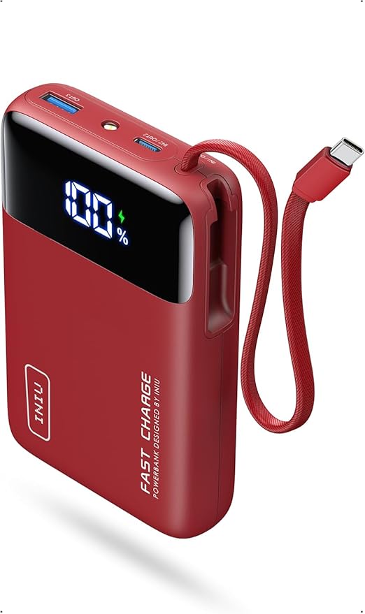 INIU Portable Charger, Compact 20000mAh Power Bank with Build in USB-C Cable, 45W Fast Charging Mini Powerbank, Flight Cruise Ship Travel Essentials Phone Charger for College Student Boys Girls, Red
