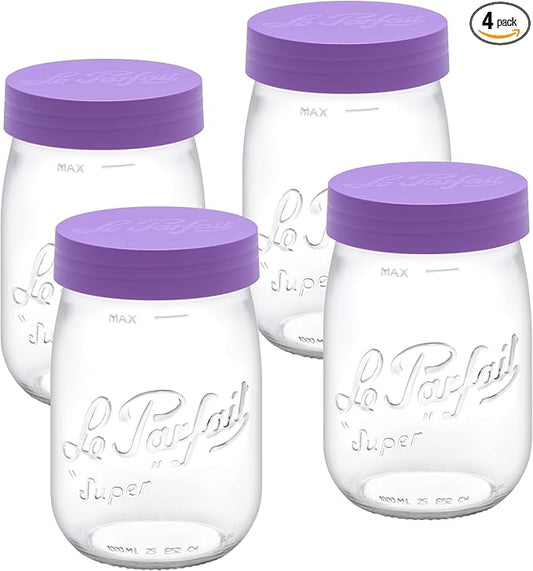 Le Parfait Screw Top Jar Wide Mouth French Glass Jar | Ideal for Food and Soup Storage, Canning, Flour, Brown Sugar, and other Baking Supplies (1L/32oz, Pack of 4, Violet)