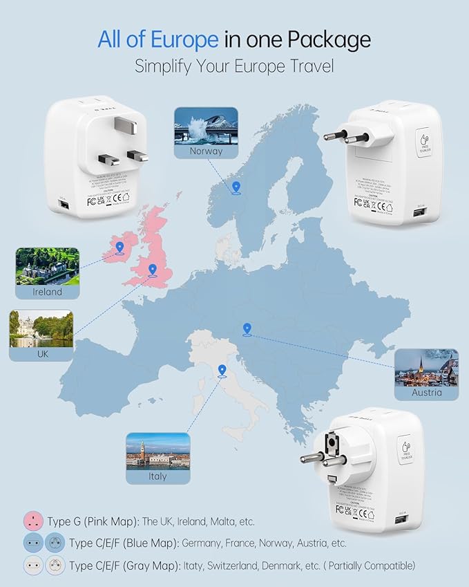 BEONDON European Travel Adapter Kit with Detachable Plugs (C/E/F/G) for UK, France, Germany, Italy, Spain & More - 2 US Outlets & 5 USB Ports (3 USB C) - Multi-Device Charger