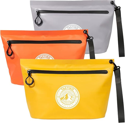 3-Pack Tactiko 3L Water Resistant Pouches - Waterproof Material w/Splashproof Zipper - Hold All Zipper Bags for Storage, Toiletries,Travel, Beach, Cruise, Home (3, Yellow/Orange/Gray)