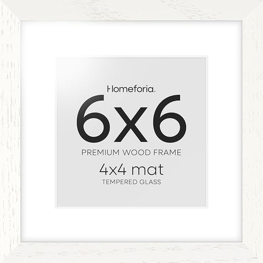 Homeforia 6x6 Picture Frames White, High-End Oak 6 x 6 Square Wood Frame with Mat 4 by 4 inch Photo, 6x6 Wooden Frame Matted to 4x4 Art, 6by6 Wall or Tabletop Frames, Tempered Glass, Wall Kit, Set of 1
