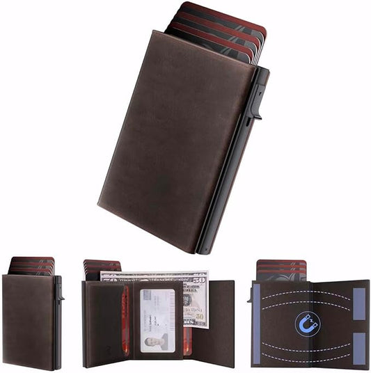 ROYAL KIT Wallet for Men Card Holder: Pop Up Card Case, RFID Blocking, Premium Genuine Leather, Slim, Minimalist, Front Pocket - 14 Card Capacity | ID Window | Cash Slot (Brown)