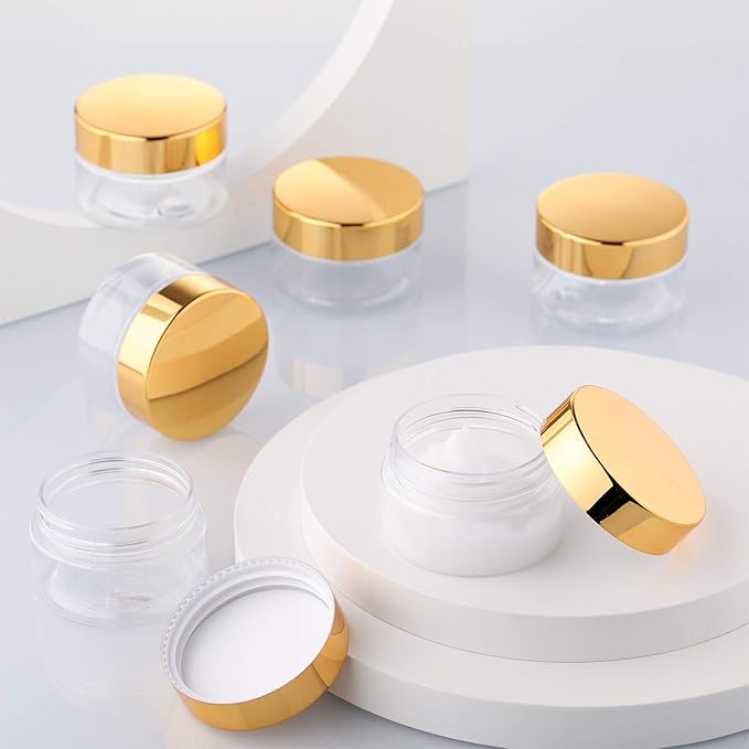 SATINIOR 12 Pack 1 oz Plastic Container Jars with Lids Round Clear Travel Cosmetic Container Jars for Toiletries, Lotion, Cream, Ointments, Makeup, Rhinestone, Samples, Kitchen Storage(Gold)