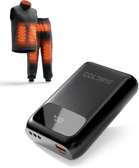 ColdBye Heated Vest Battery Pack 𝟕.𝟒𝐕 5𝐀 𝟐𝟎𝟎𝟎𝟎𝐦𝐀𝐡, Type-C and USB 5V Output 7.4V Tri-Size DC Built-in Ports (3.5 mm / 3.8 mm / 4.0 mm) for Heated Jacket