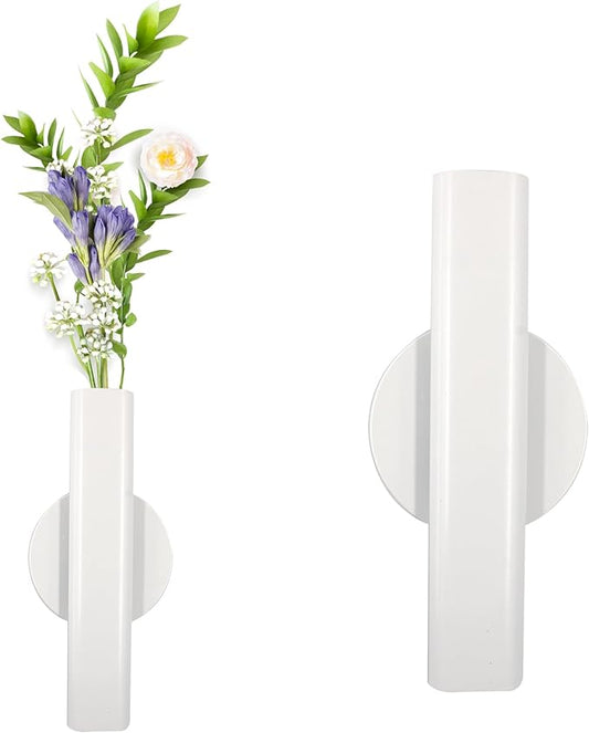 6.3" Wall-Mounted Flower Tube, Top/Bottom Open Vase, Adhesive Metal Flower Open Tube Decoration Holder for Flower Display, Home Office Living Room Bedroom Decoration, 2pcs(White)