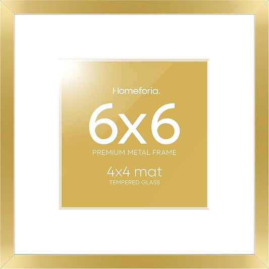 Homeforia 6x6 Picture Frame Gold, High End Metal 6 x 6 Square Photo Frames with Mat 4 by 4, 6x6 Poster Frame Matted to 4x4 inches Print, 6by6 Wall or Tabletop Frame, Tempered Glass, Wall Kit, Set of 1