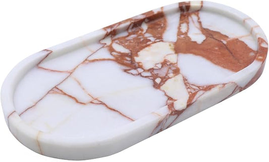 OOBOOB Oval Natural Marble Bathroom Tray for Decor Countertop, Marble Vanity Tray for Candles Perfume, Jewelry, Cosmetics, Elegant Vanity Organizer for Jewelry, Perfume