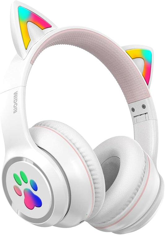 MIDOLA Kids Headphones Cat Ear Wireless Bluetooth 5.3 60H Over Ear, 8H with Led Light Foldable Music Gaming Headset with Aux 3.5mm Mic for Travel Pad Tablet White