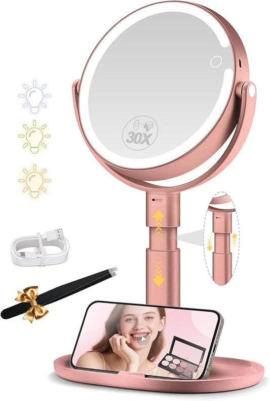 Makeup Mirror with Lights, 30X Magnifying & Height Adjustable, Lighted Magnifying Mirror with 3 Light Modes & Stepless Dimming, Vanity Mirrors for Bathroom, Birthday Gift for Women, Rosegold